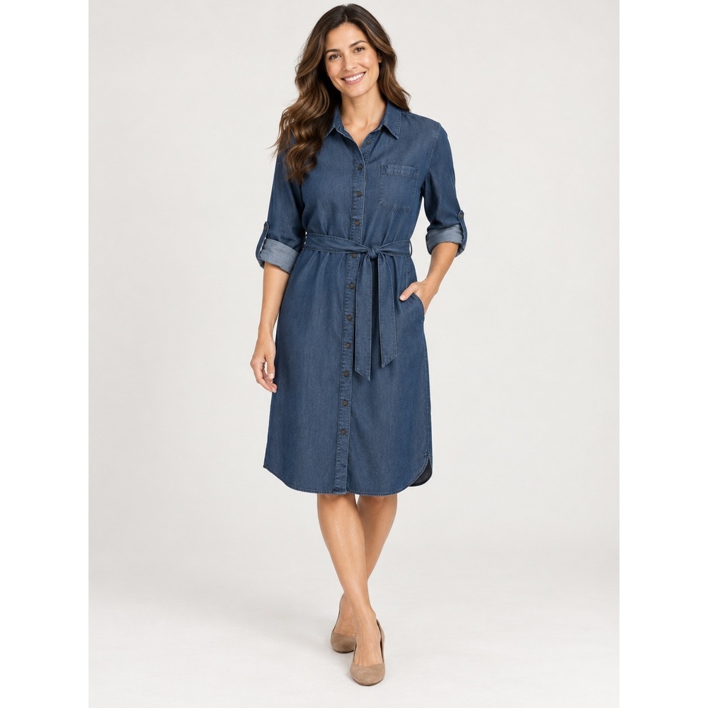 Allison Daley Blue Lyocell Denim Shirt Dress Tie Waist Roll Tab Sleeve Medium